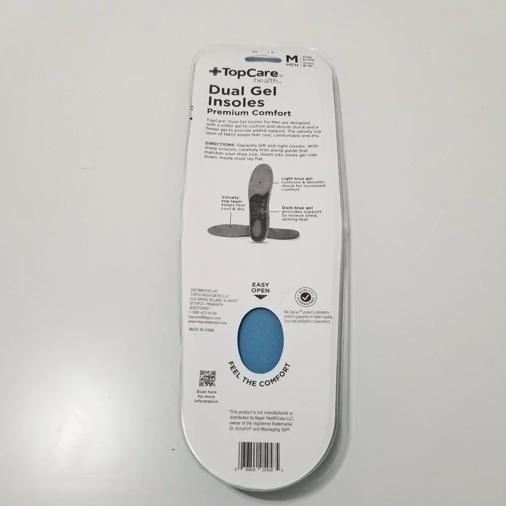 NWT TopCare Men's Premium Comfort Insoles Dual‎ Gel